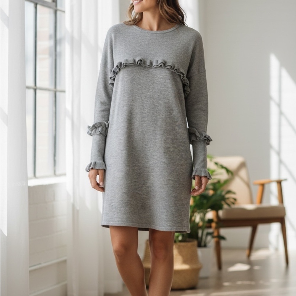 Elegant Long Sleeve Gray Dress with Ruffle Details - Picture 2 of 5